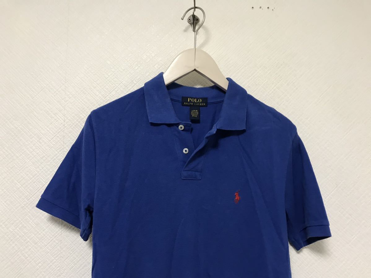 本物ポロラルフローレンPOLO RALPH LAURENコットンロゴ刺繍半袖ポロシャツメンズアメカジサーフビジネススーツゴルフ青ブルーLペルー製