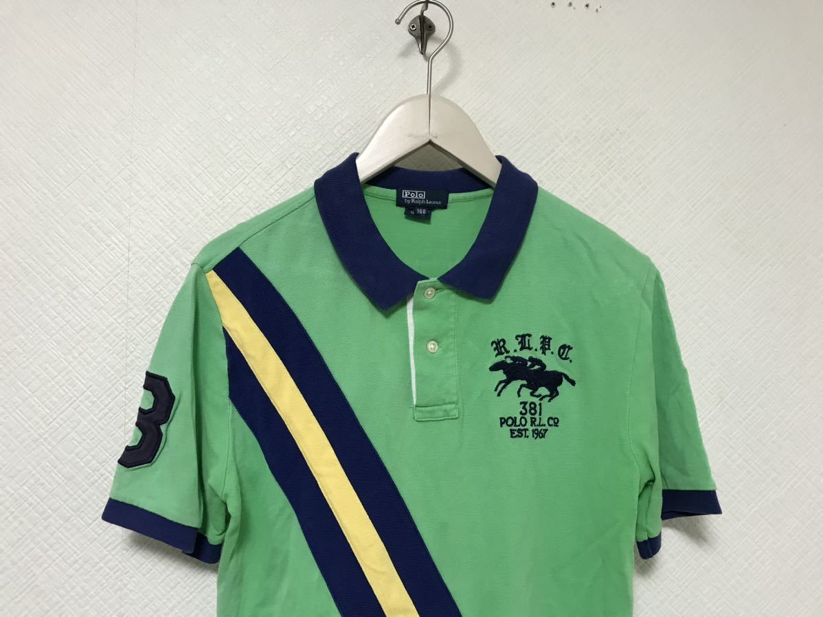 本物ポロラルフローレンPOLO RALPH LAURENコットン刺繍半袖ポロシャツメンズアメカジサーフビジネススーツゴルフ緑ペルー製160XSキッズ