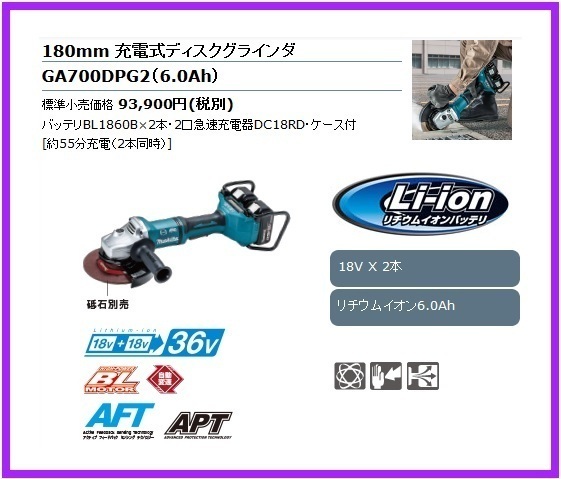 マキタ 180mm 18V 充電式ディスクグラインダ GA700DPG2 【18V+18V→36V】 ■安心のマキタ純正/新品/未使用■