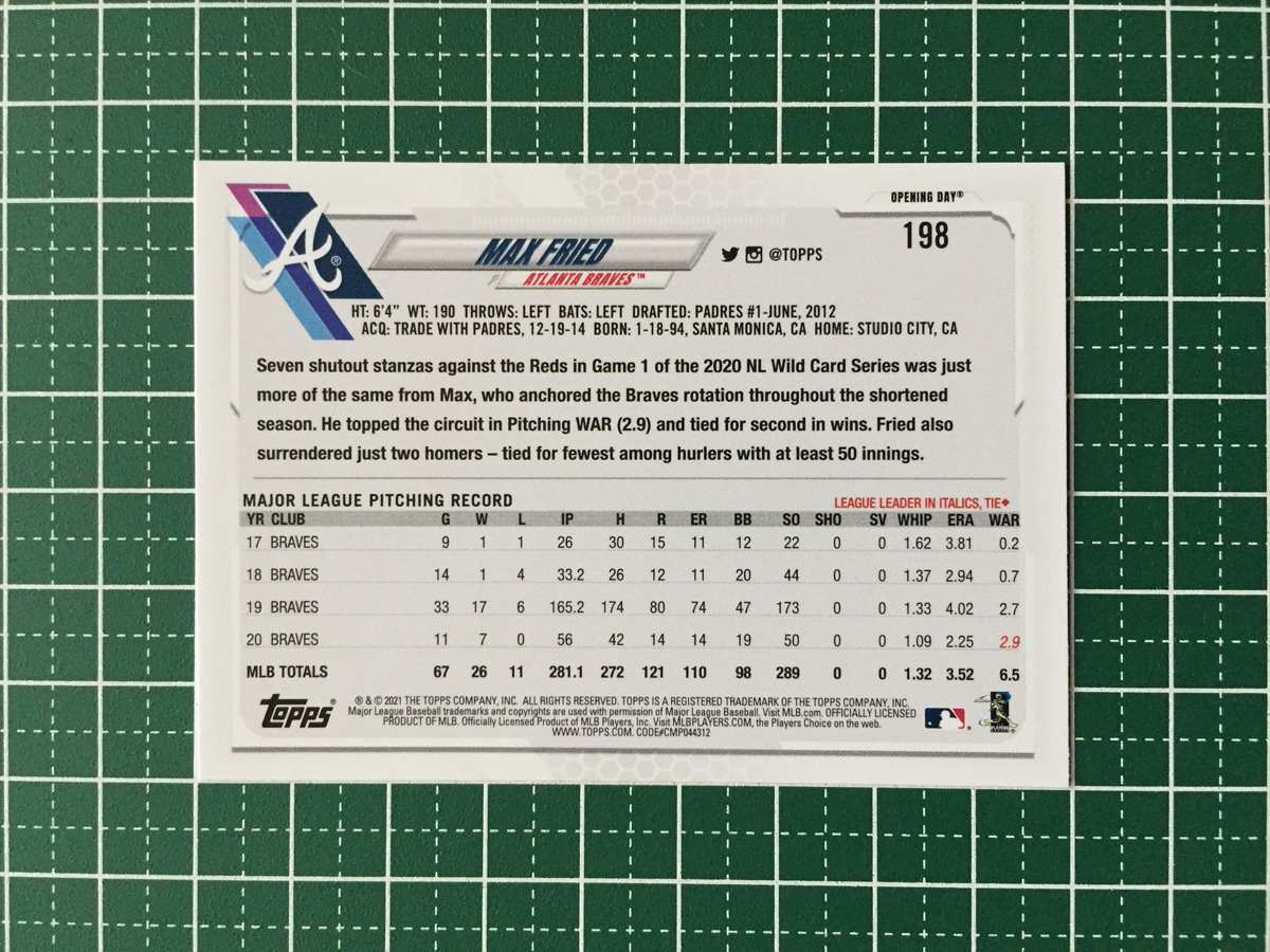 ★TOPPS MLB 2021 OPENING DAY #198 MAX FRIED［ATLANTA BRAVES］ベースカード★_画像2