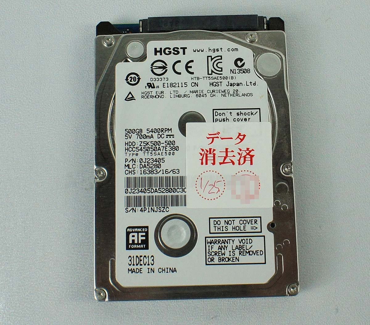 クリックポスト 使用短い 374時間 HGST HCC545050A7E380 500GB HDD 2.5インチ/AVコマンド/SATA/5400rpm 日立 ハードディスク S101309_画像1