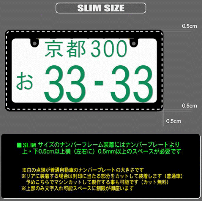 無地ブラックナンバーフレーム2枚セット！SLIM（細）サイズ+ SLIM（細）サイズ封印カットの2枚組です！_SLIM（細）サイズの詳細です