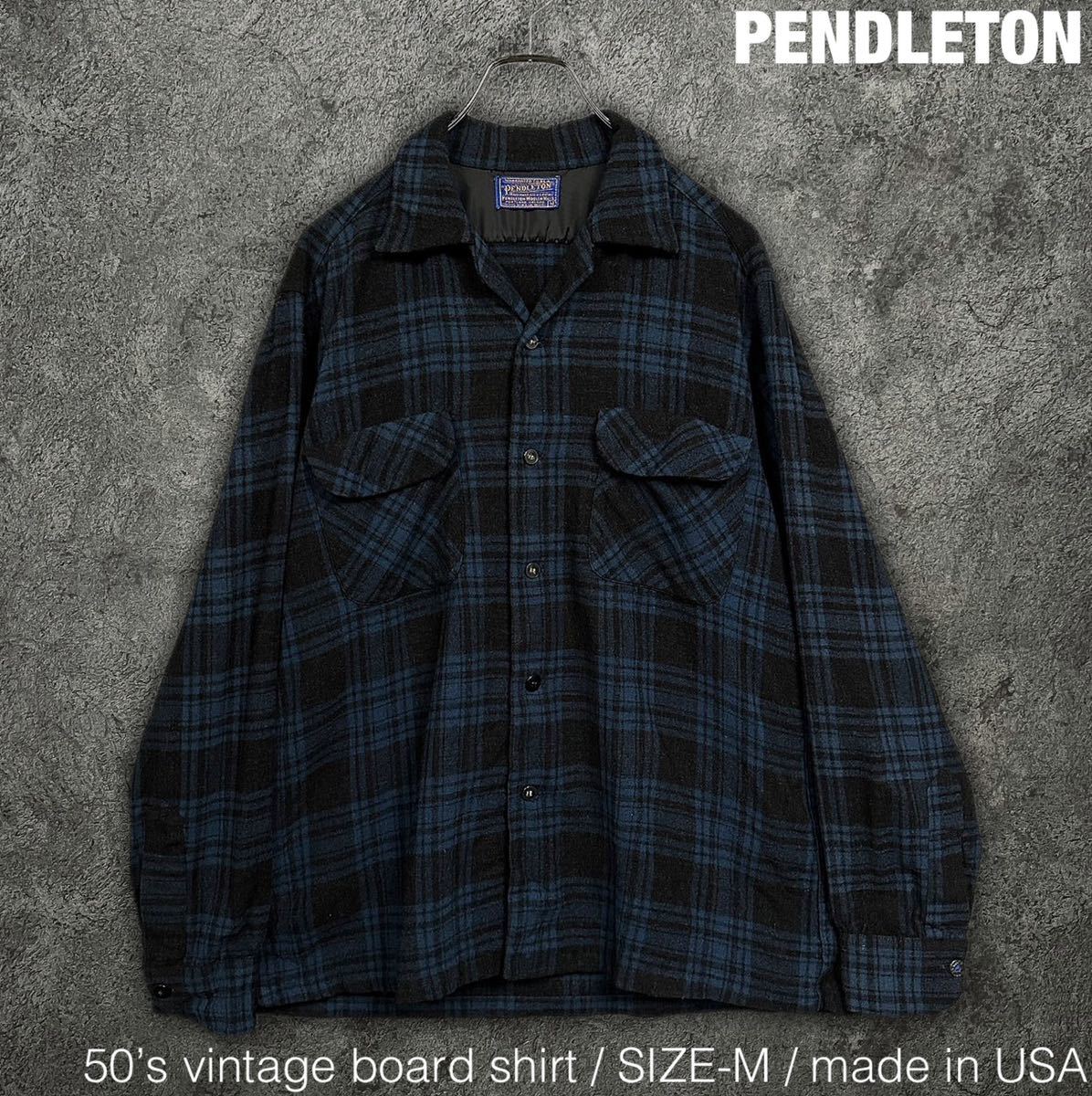 70s PENDLETON ペンドルトン ウールシャツ 単色ネイビー-