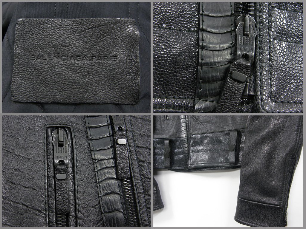 新品 BALENCIAGA 定価49万9400円 【イタリア製 本革】 レザー ライダース 48 黒 牛革 やぎ革 オーストリッチ 2013 バレンシアガ ★271468_画像10