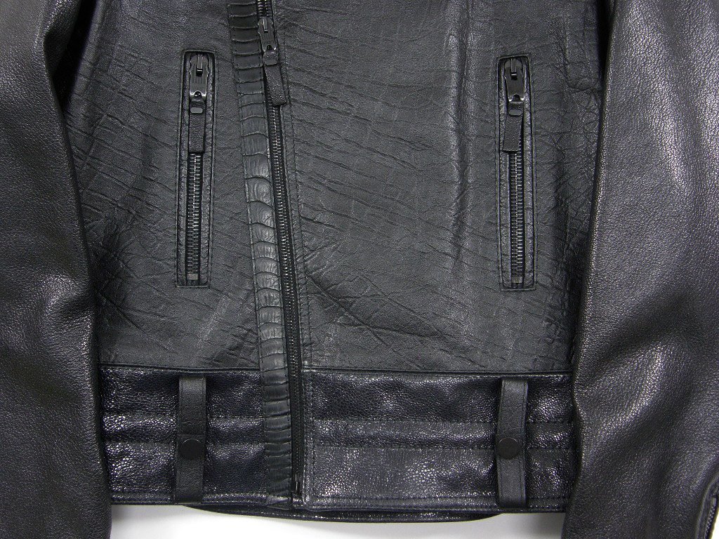 新品 BALENCIAGA 定価49万9400円 【イタリア製 本革】 レザー ライダース 48 黒 牛革 やぎ革 オーストリッチ 2013 バレンシアガ ★271468_画像7