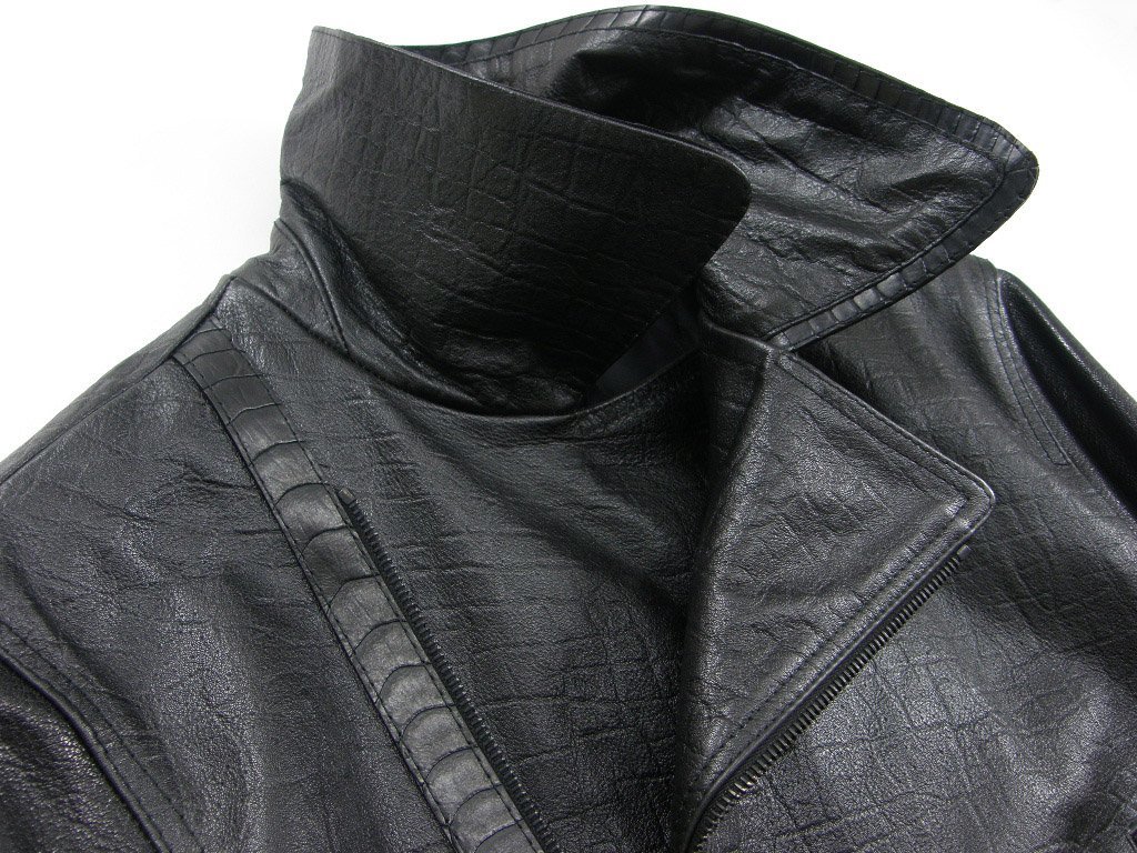 新品 BALENCIAGA 定価49万9400円 【イタリア製 本革】 レザー ライダース 48 黒 牛革 やぎ革 オーストリッチ 2013 バレンシアガ ★271468_画像6