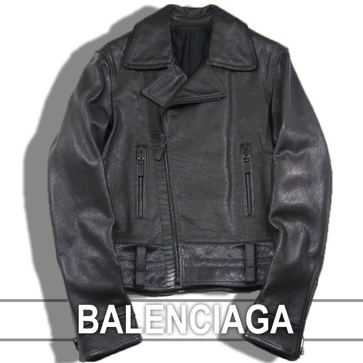 新品 BALENCIAGA 定価49万9400円 【イタリア製 本革】 レザー ライダース 48 黒 牛革 やぎ革 オーストリッチ 2013 バレンシアガ ★271468_画像1