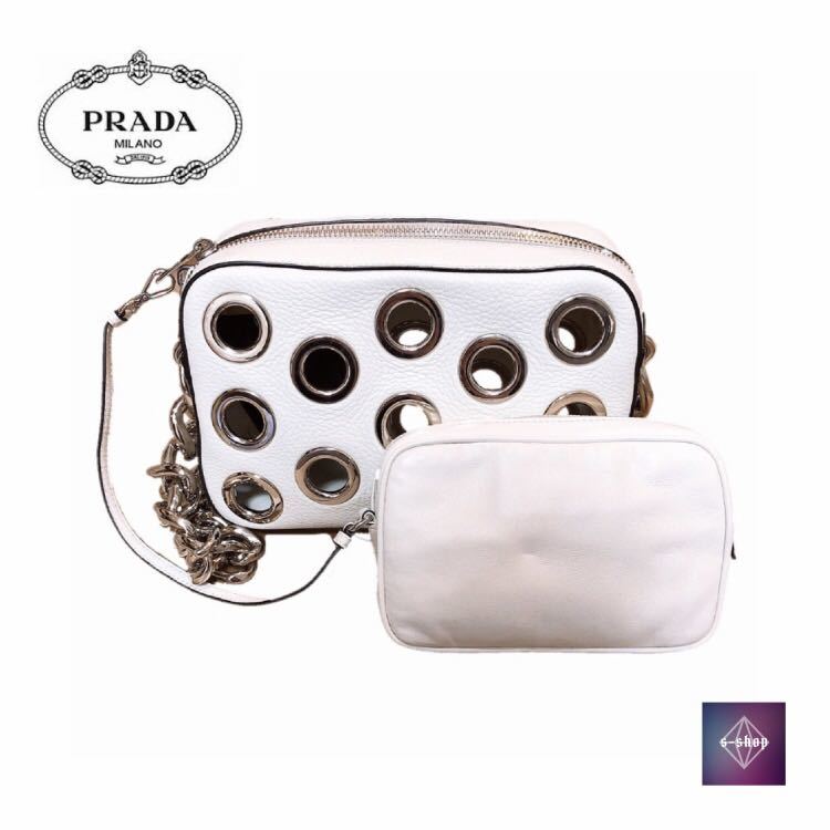 【新品】PRADA Grommet Punching Chain Hand bag 1 BA 028 Leather Whiteプラダ バッグ パンチングチェーン ハンドバッグ ホワイト 正規品