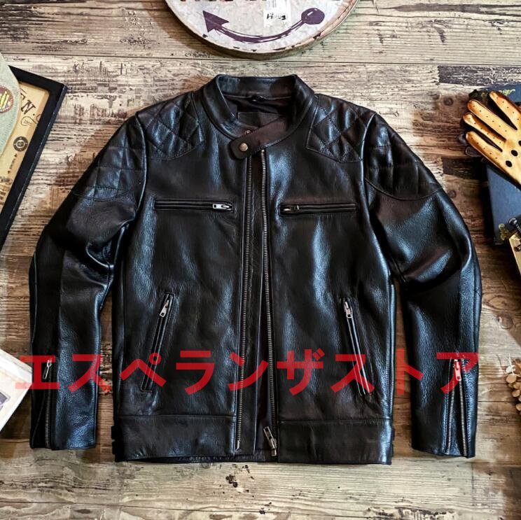 [エスペランザストア]ヴィンテージ復刻デザイン カウレザー シングルライダースジャケット 革ジャン レザー牛革 カフェレーサー Ｓ～4XL