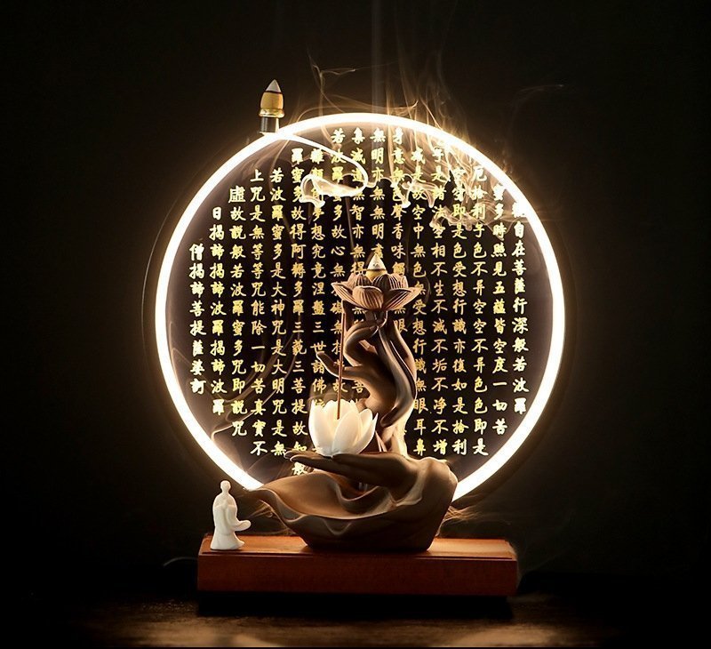 [エスペランザストア]仏教美術　仏の手　仏像　仏教美品　蓮　台座付き　香立　ライト付き　インテリア　装飾品 工芸品　禅の置物 逆流香