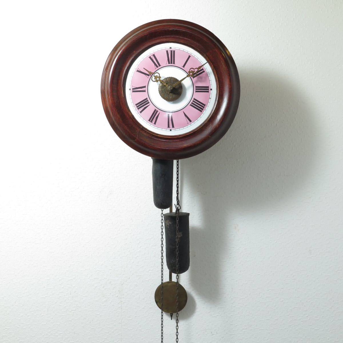 重錘式 アラーム付丸時計 木製フレーム 19世紀 可動品 アンティーク 古時計