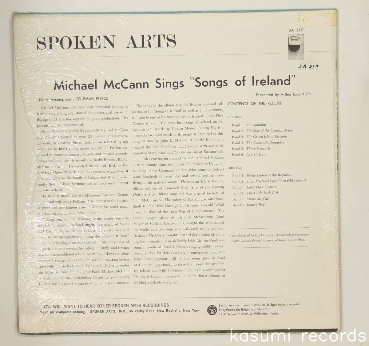 【US盤LP】MICHAEL MCCANN/SINGS SONGS OF IRELAND(並良品,64年Irish Folk,SPOKEN ARTS)の画像2