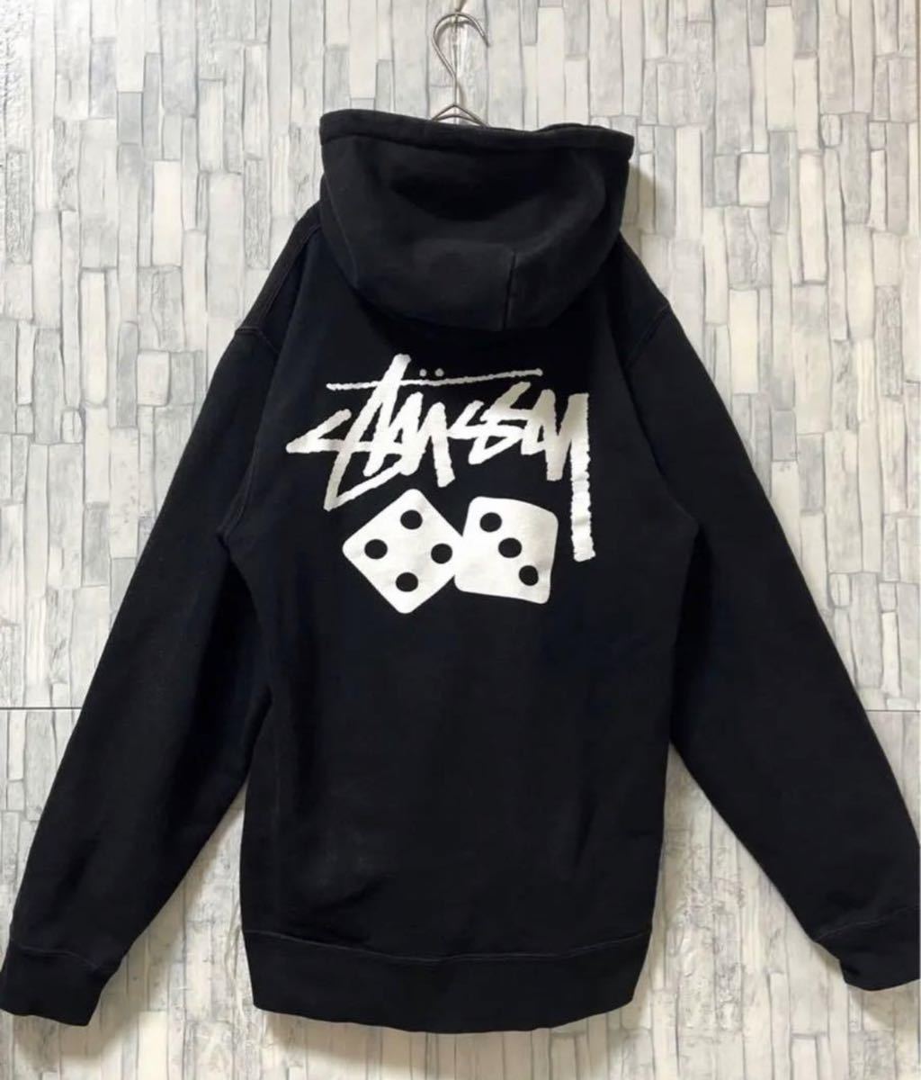 stussy ステューシー 長袖 パーカー スウェット プルオーバー デカロゴ サイズL ブラック フーディ サイコロ 送料無料