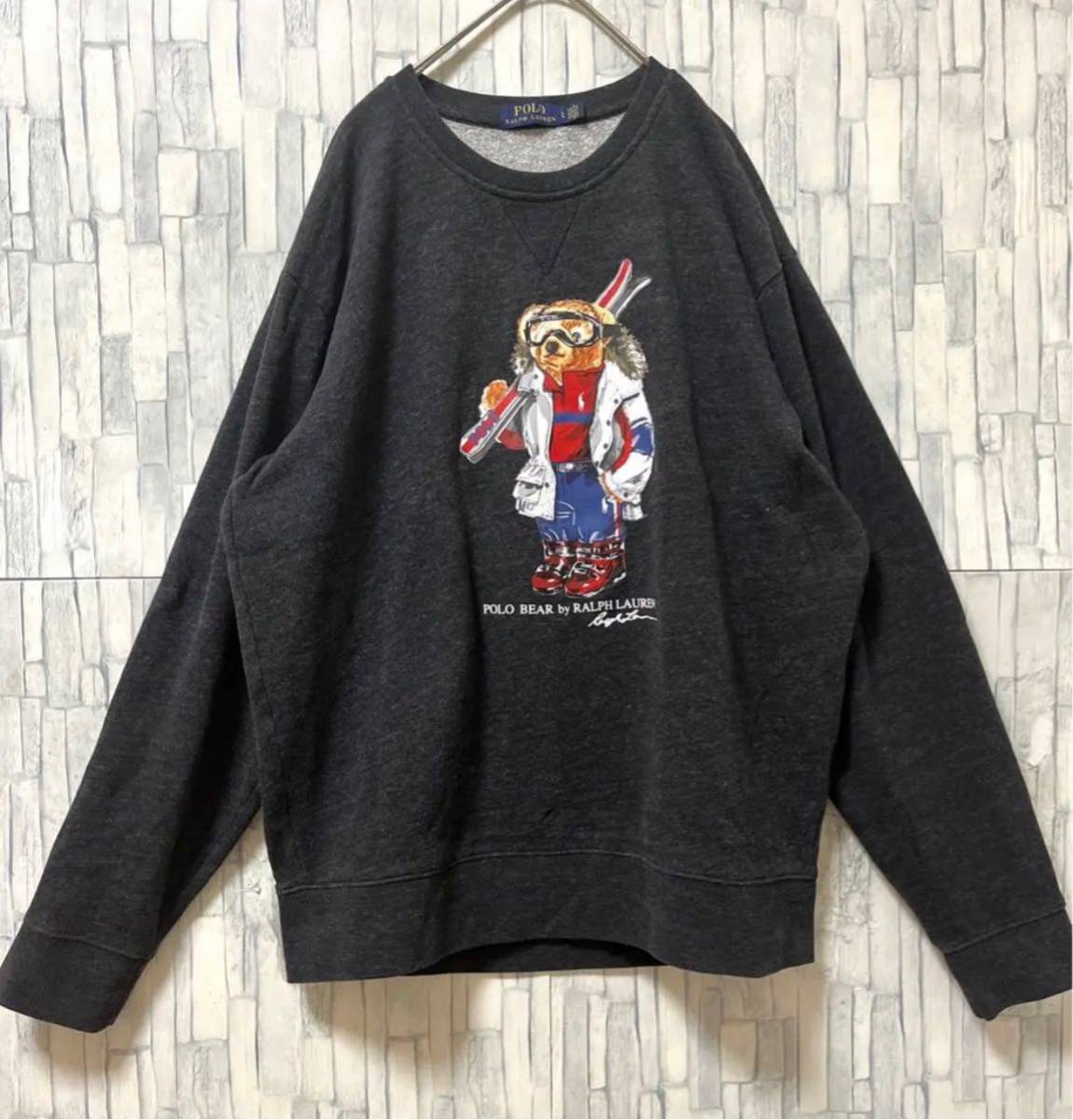 POLO RALPH LAUREN Polo Ralph Lauren long sleeve sweatshirt sweat Polo Bear te Caro go big Logo size L dark gray reverse side nappy free shipping 