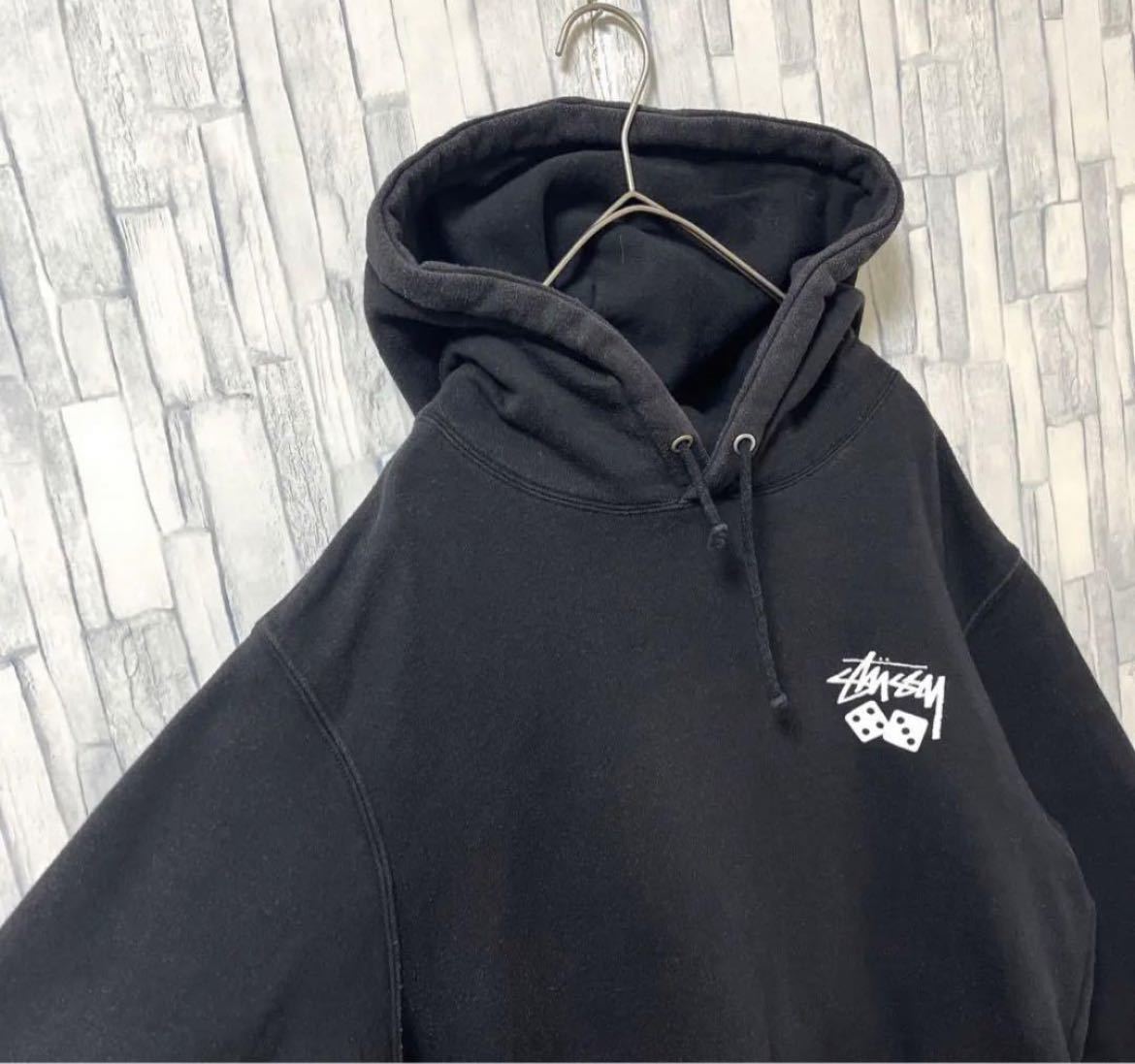 stussy ステューシー 長袖 パーカー スウェット プルオーバー デカロゴ サイズL ブラック フーディ サイコロ 送料無料