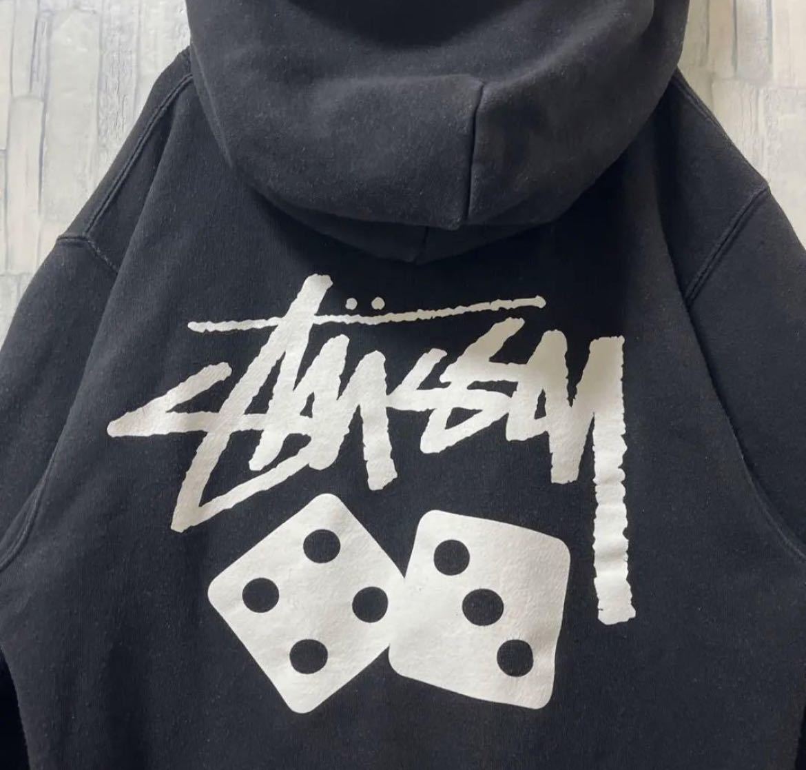 stussy ステューシー 長袖 パーカー スウェット プルオーバー デカロゴ サイズL ブラック フーディ サイコロ 送料無料