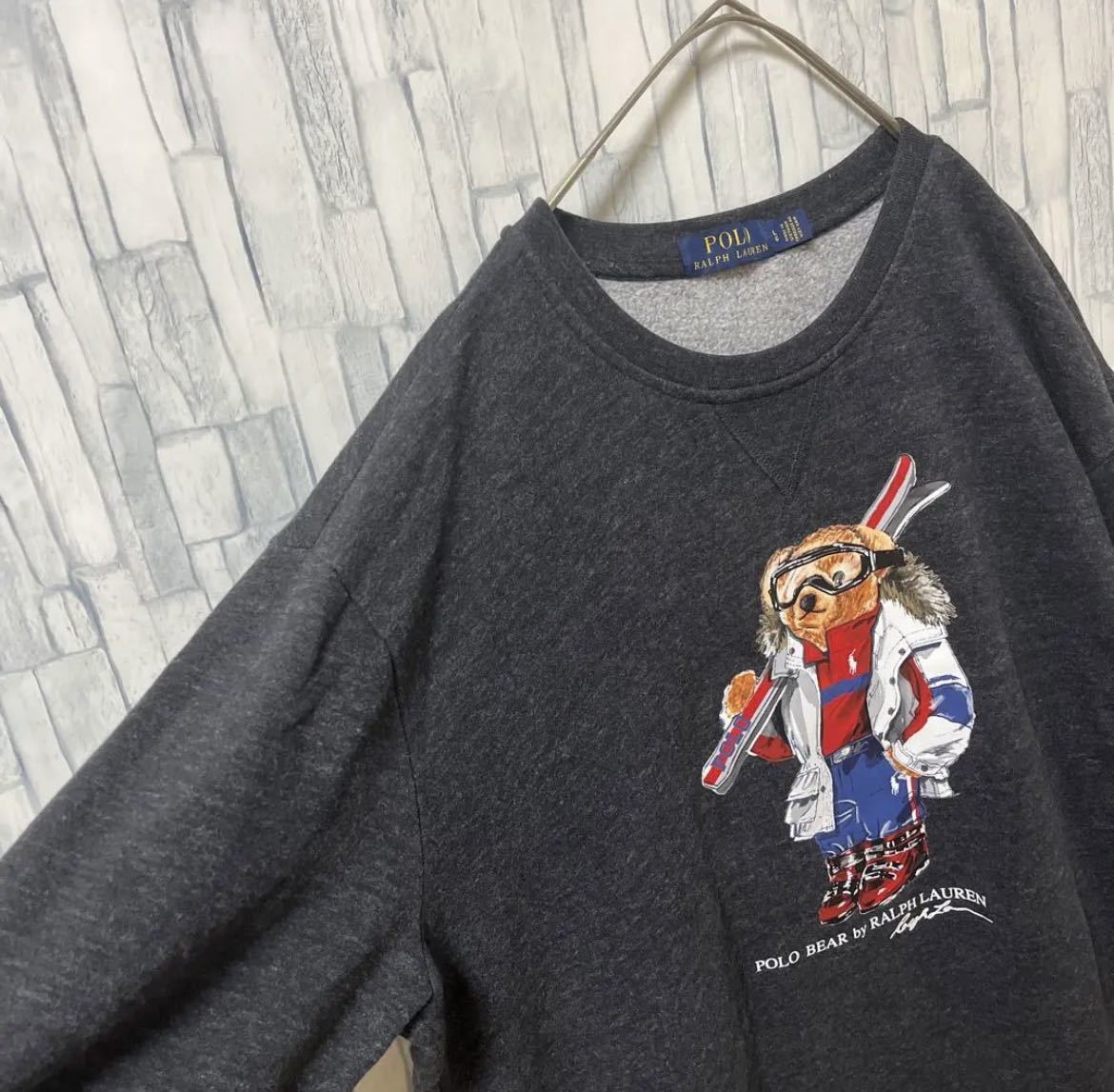 POLO RALPH LAUREN Polo Ralph Lauren long sleeve sweatshirt sweat Polo Bear te Caro go big Logo size L dark gray reverse side nappy free shipping 