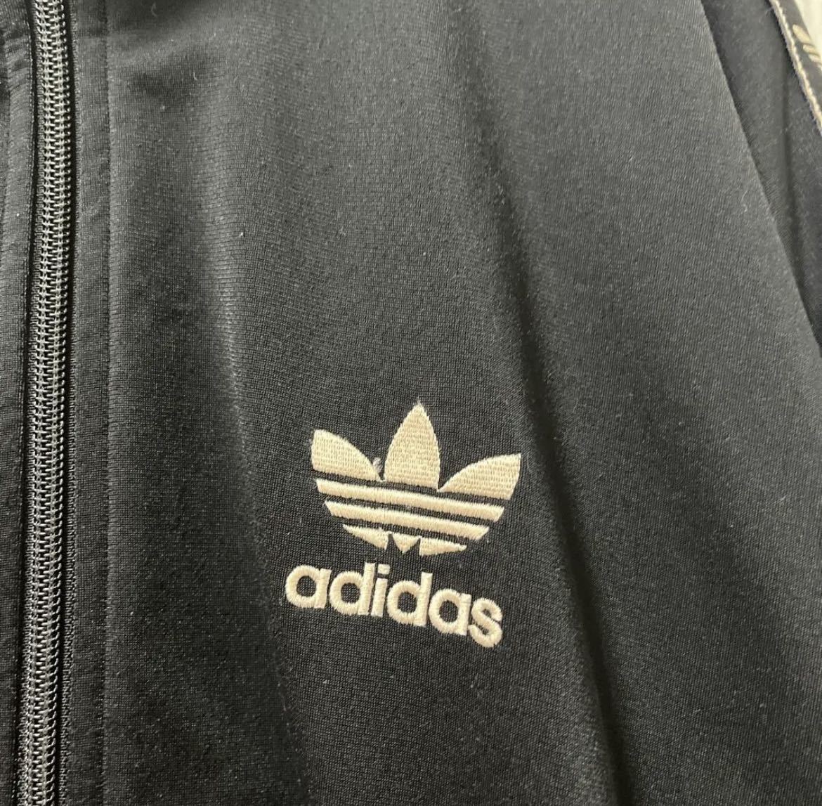 adidas オールド アディダス ジャージ 上 トラックジャケット 80s 80年代 L ブラック トレフォイル テープライン 銀タグ 刺繍ロゴ 万国旗