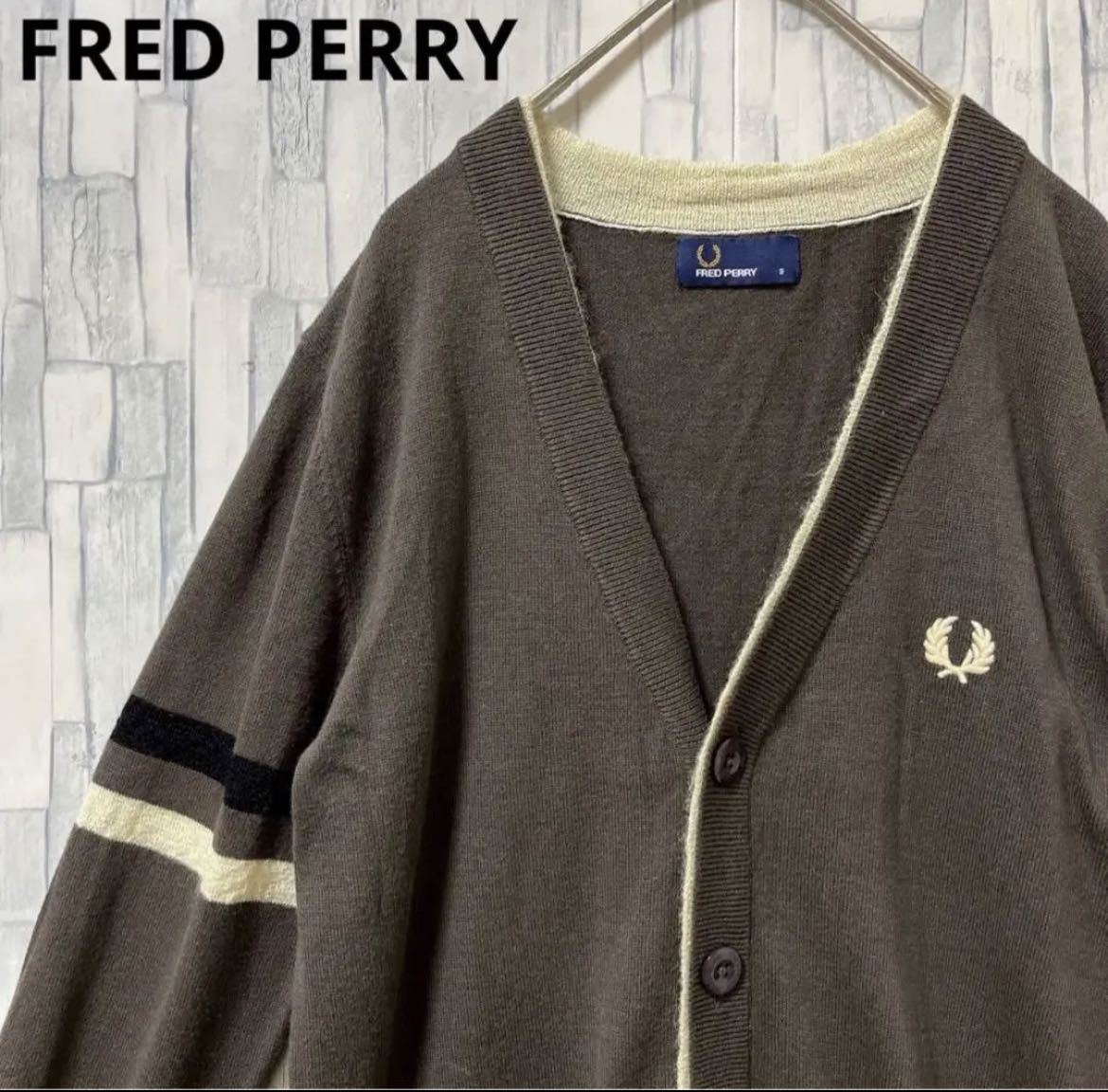 FRED PERRY フレッドペリー モヘア混 ニット カーディガン サイズSダークブラウン 長袖 ワンポイントロゴ 刺繍ロゴ ボーダー 送料無料