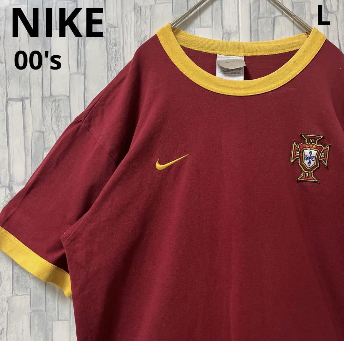 NIKE ナイキ リンガー ネック Ｔシャツ サッカー ポルトガル代表 サイズL エンジ 半袖 刺繍ロゴ ワッペン シンプルロゴ 00s 送料無料