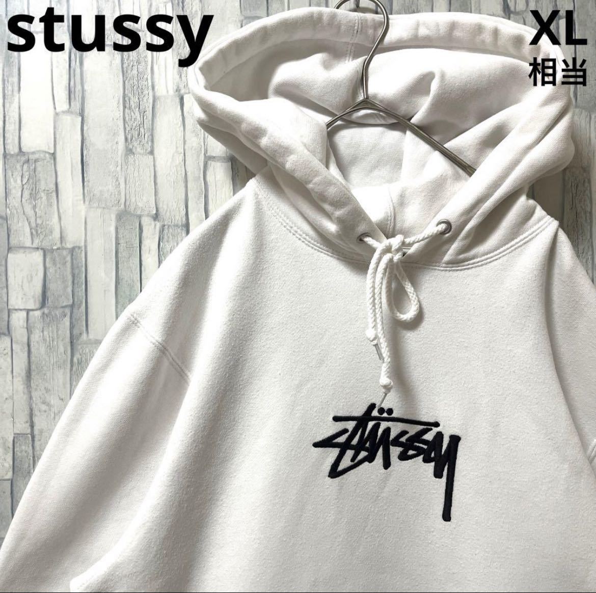 人気パイル刺繍ロゴ】Stussyでかろごパーカー古着ネイビー裏起毛