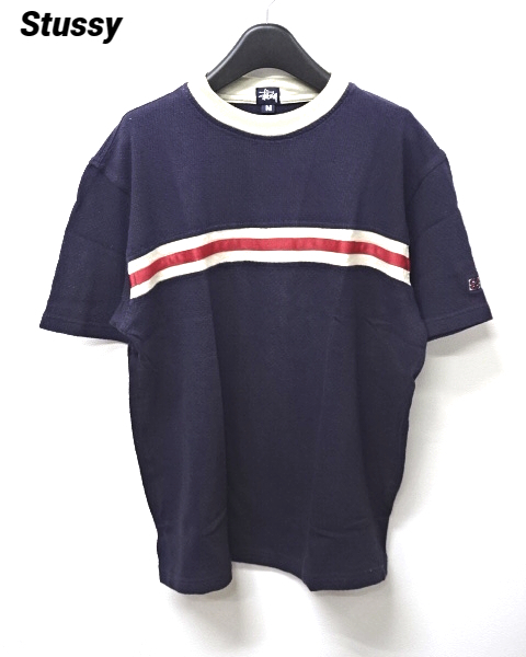 M【Stussy Tee Navy Stussy LINE Tee ステューシー Tシャツ ラインTシャツ ネイビー ポリエステル メッシュ オールド】_画像2