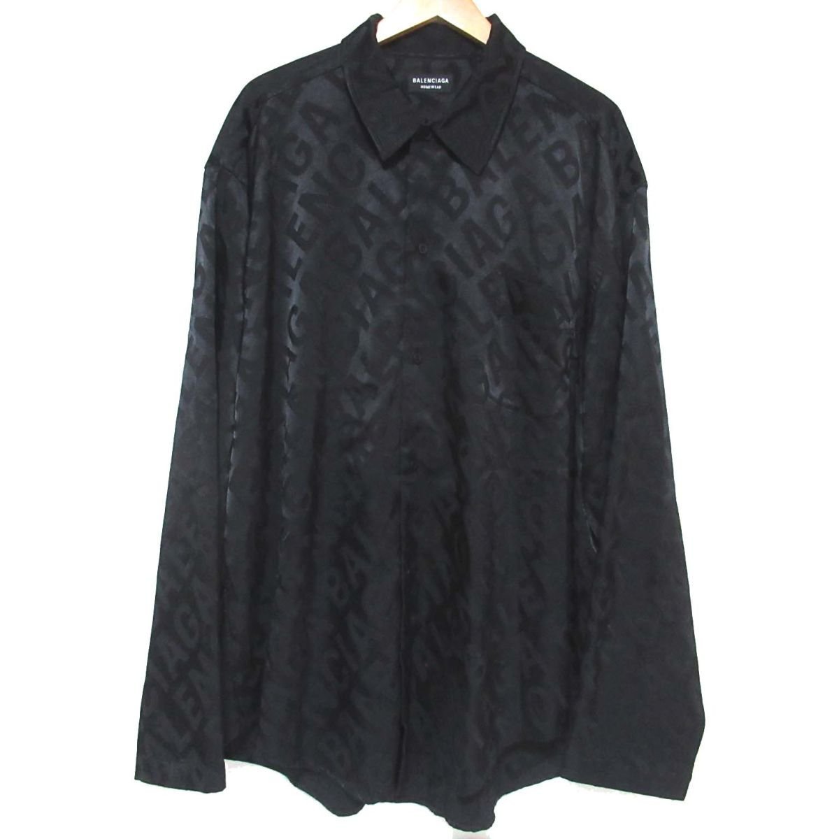 美品 22SS BALENCIAGA HOMEWEAR バレンシアガ レターロゴ ジャガード 長袖 サテン オーバーサイズ パジャマシャツ 37サイズ ブラック