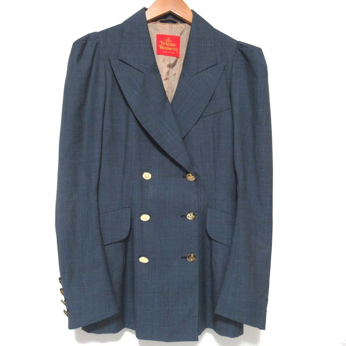  прекрасный товар Vivienne Westwood Vivienne Westwood первый период Vintage Glenn в клетку o-b золотой кнопка двойной tailored jacket 42