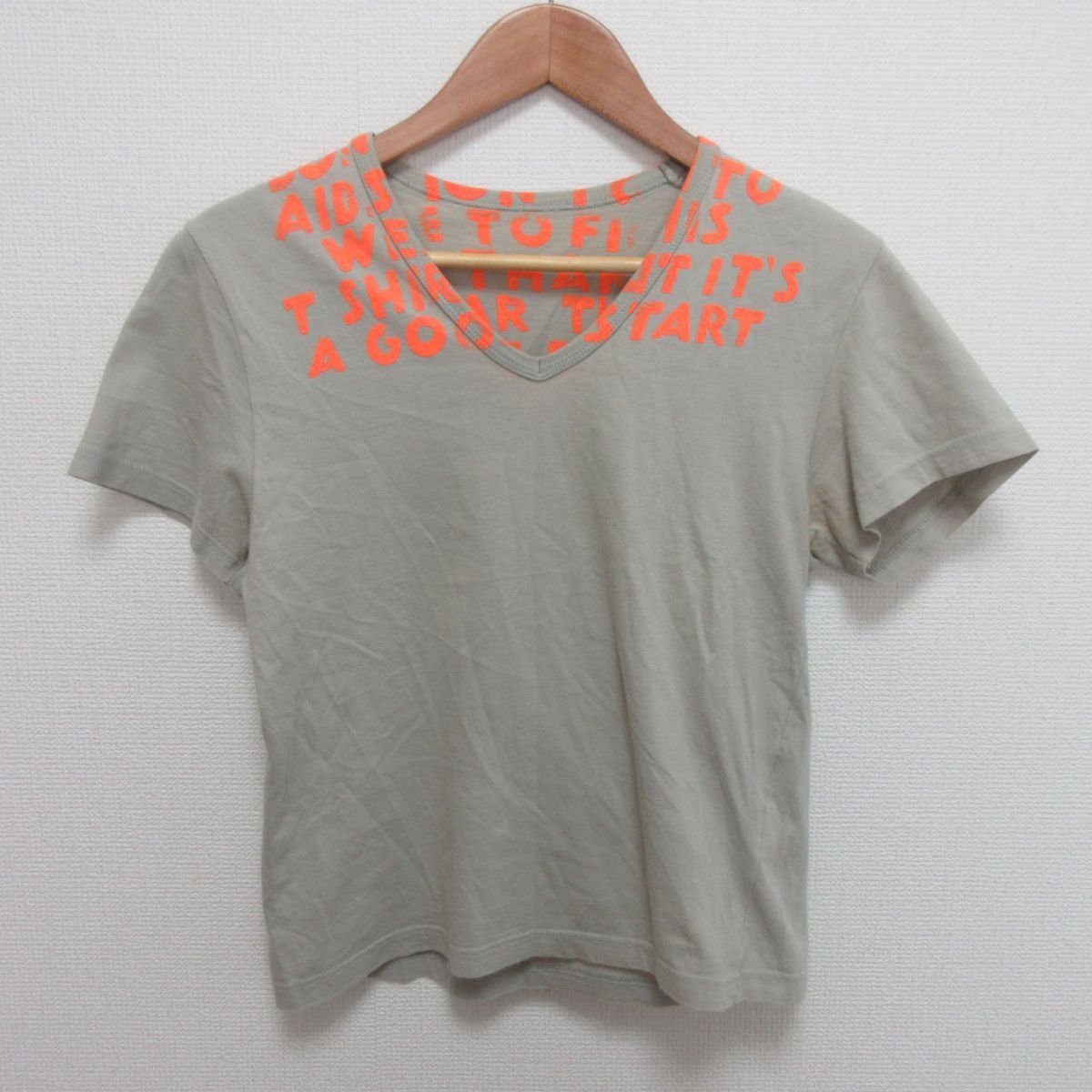 03AW Martin Margiela マルタンマルジェラ ミスディアナ期 Vネック 半袖 プリント エイズTシャツ カットソー サイズS ベージュ_画像1