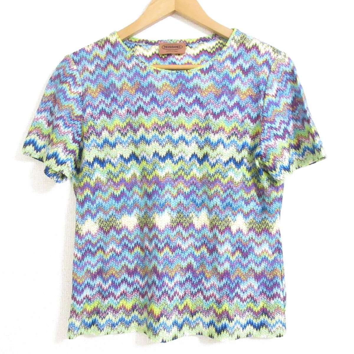 美品 MISSONI ミッソーニ シェブロンストライプ ジグザグ柄 半袖 ニット Tシャツ カットソー 大きいサイズ 44 マルチカラー_画像1