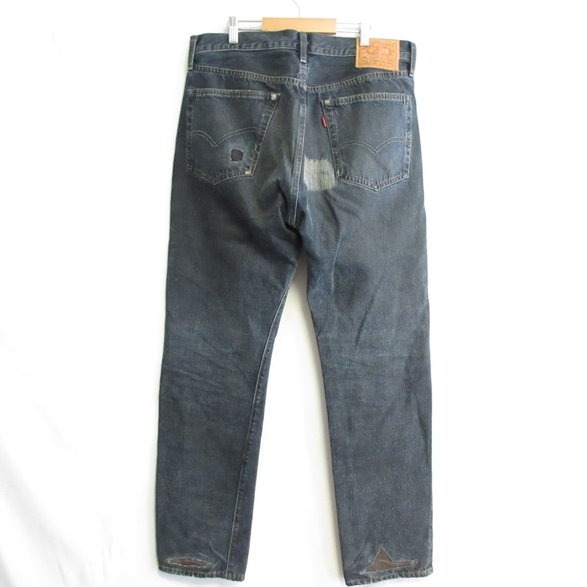 美品 LVC Levi's リーバイス 501Z レザーパッチ セルビッチ ヴィンテージウォッシュ ダメージ加工 デニムパンツ W34 L32 インディゴブルー_画像2