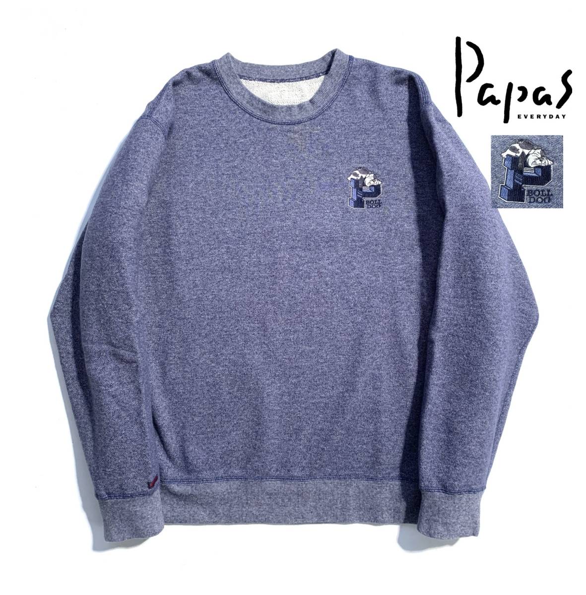 極美品【定価2万超】Papas パパス クルーネック スウェット L (50) メンズ BOLL DOG ロゴ刺繍ワッペン 着心地抜群 日本製 22AW ネイビー_画像1