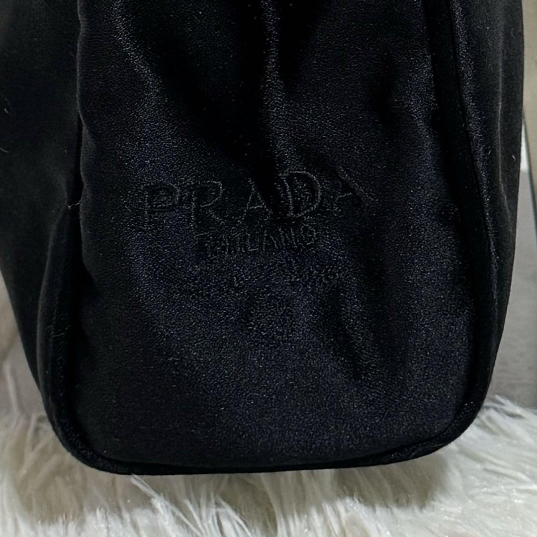 【極美品】PRADA プラダ サテン ハンドバッグ 刺繍ロゴ リボン ブラック