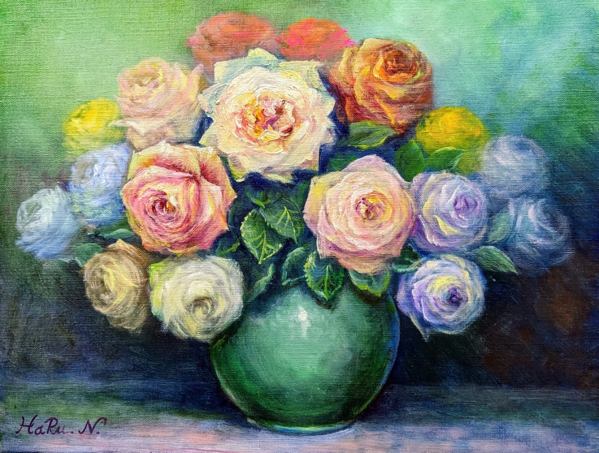  painter haru* oil painting .F6 number * rose * genuine work, original picture, one point thing.