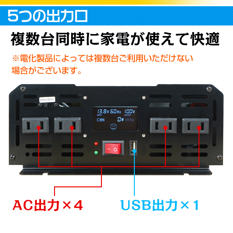 訳あり インバーター 2000W 正弦波 12V 24V リモコン付き モニター表示 車 コンセント4個 USB1個 AC100V 直流 変換 発電機 ee220-24-w_画像4