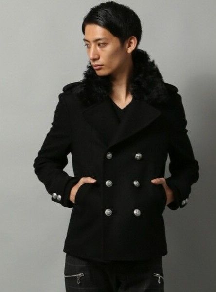 【美品￥82500】5351プールオム DIRECTOR'S LINE Pコート ブラック ピーコート 襟ファー ディレクターズ