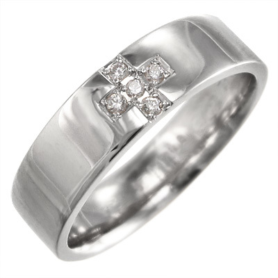 18金ホワイトゴールド リング 結婚指輪にも 天然ダイヤモンド 4月誕生石 クロス