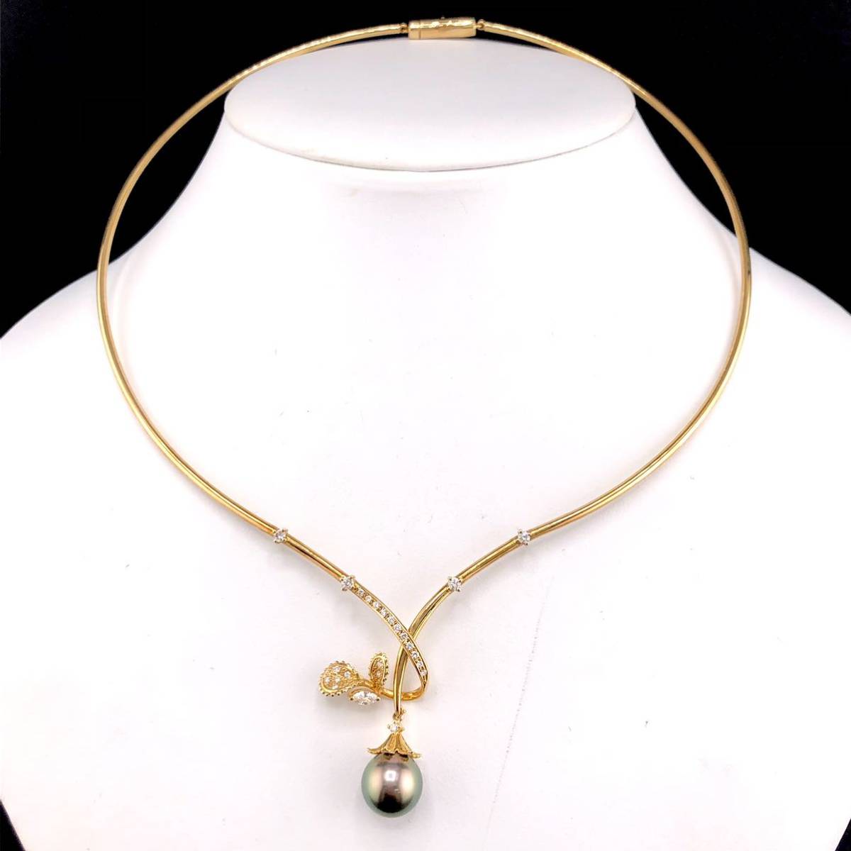 E-3856 【TASAKI☆ダイヤ・箱付き】パールネックレス K18 重量 22.8g D.0.47ct (田崎 タサキ Pearl Diamond メレダイヤ K18 necklace )