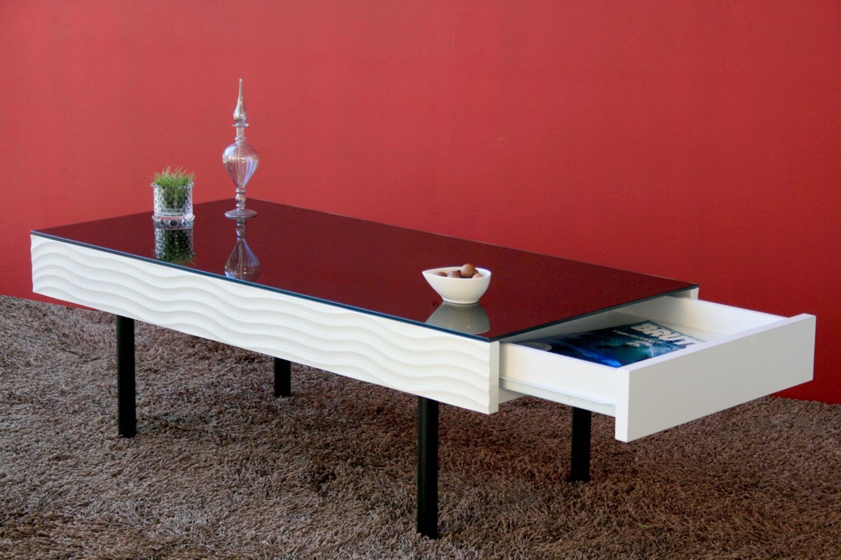【送料無料】波模様が特徴的　収納付き　ホワイト　ブラックガラス　モダンデザイン　センターテーブル　リビングテーブルのサムネイル