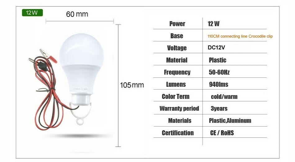 DC12V 12W LED 電球型 ライト ランタン (電球色) 1.1Vｍコード付 アウトドア・夜釣り・キャンプ・夜店・夜間作業等に！！ ★送料220円~★の画像4