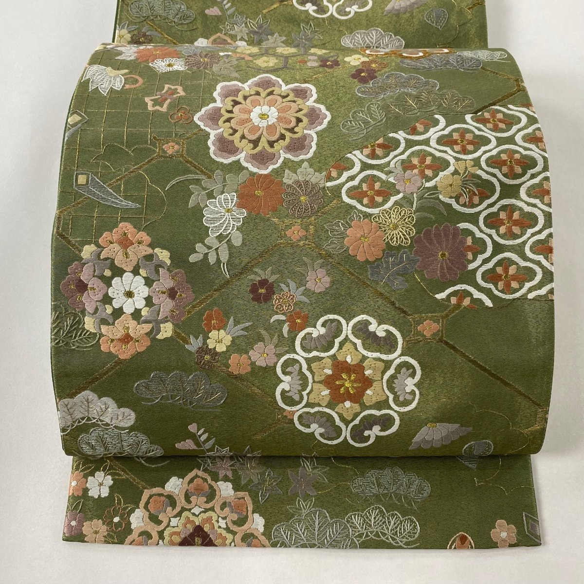 日本最大のブランド 抹茶色 金糸 刺繍 花鳥 華文 逸品 袋帯 六通