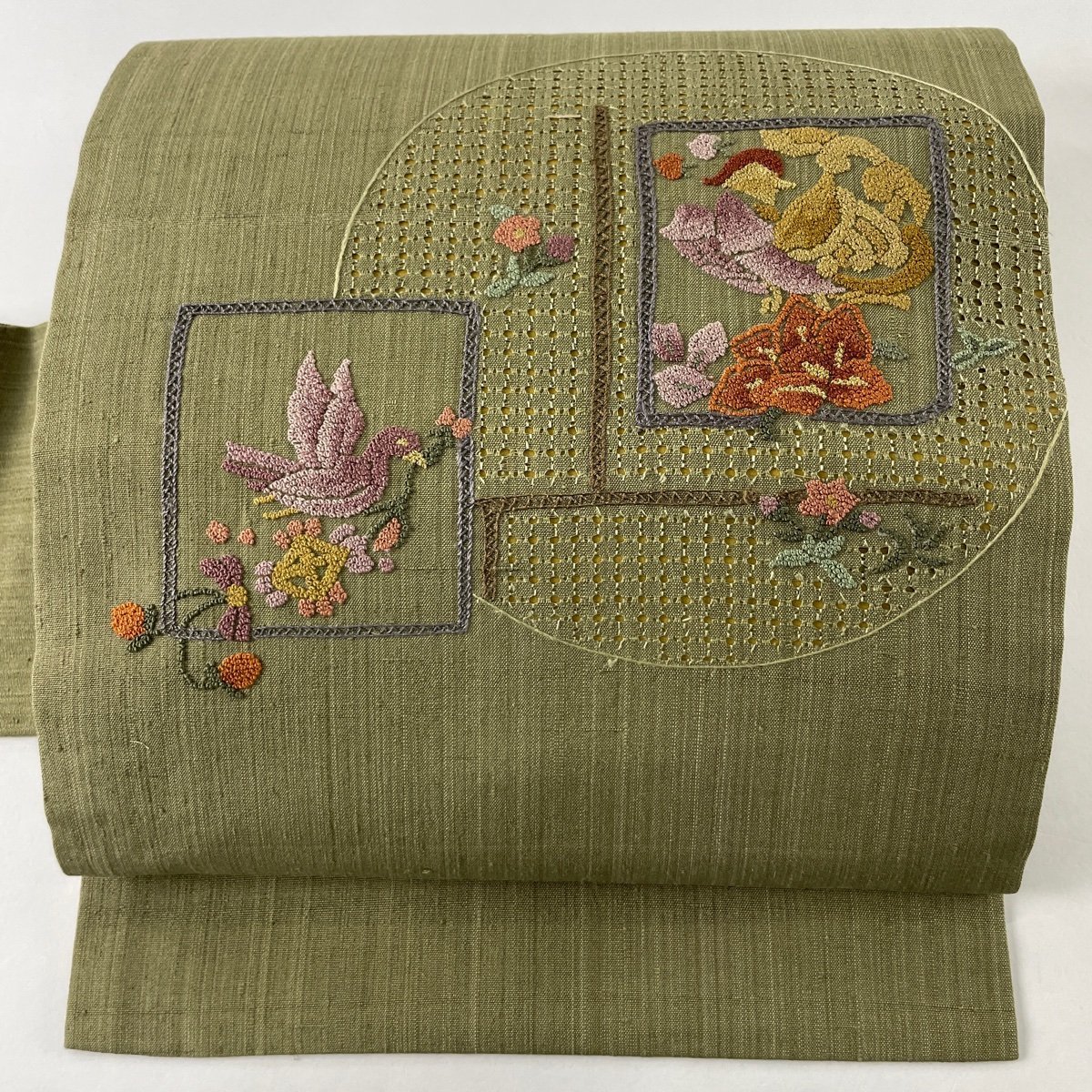 即納!最大半額!】 紬地 秀品 美品 名古屋帯 草花 【中古】 正絹 抹茶