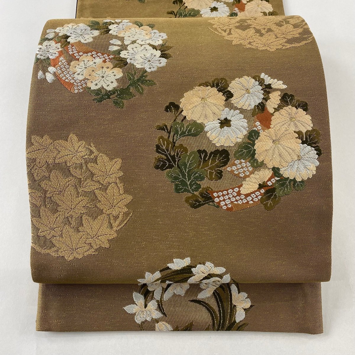 安い 花丸文 秀品 袋帯 菊 【中古】 正絹 六通 茶色 金糸 箔 仕立て