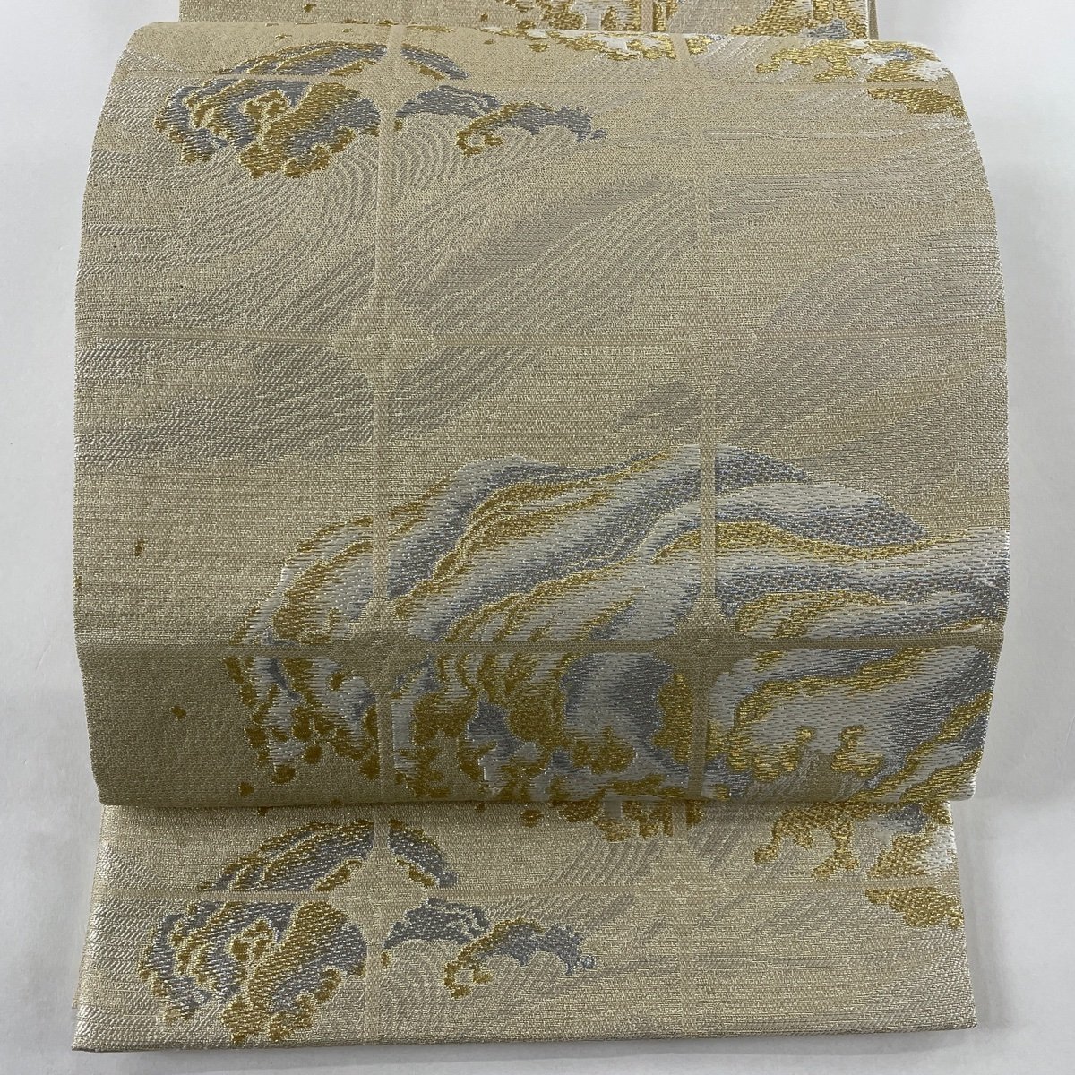 海外ブランド 箔 金銀糸 波頭 夏帯 名品 美品 袋帯 ベージュ 【中古