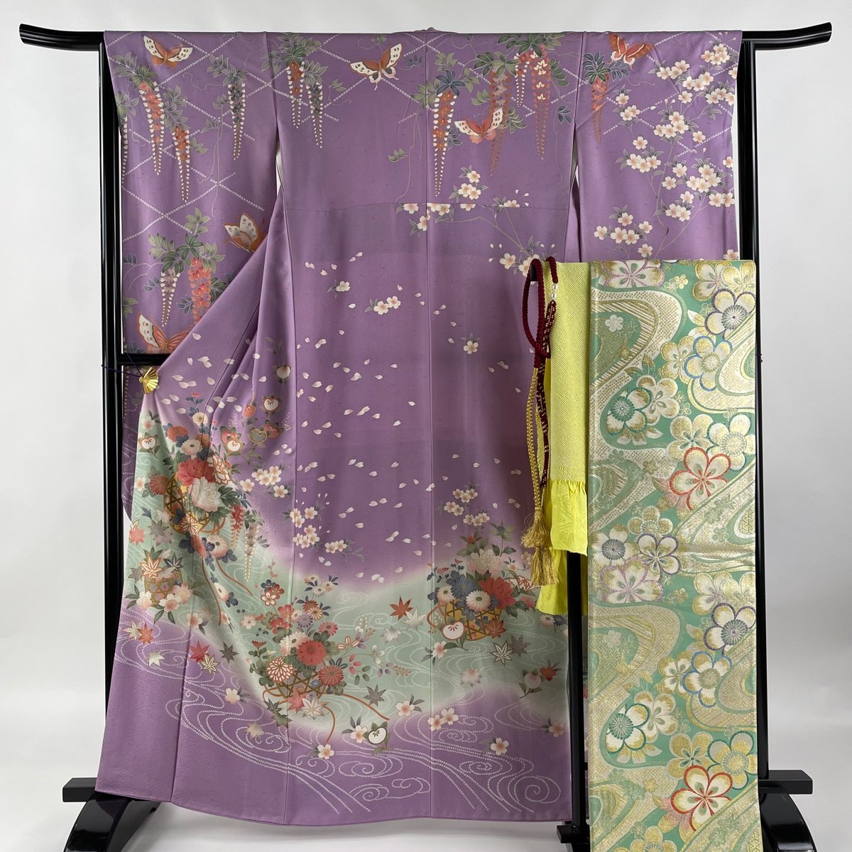 振袖 美品 秀品 袋帯フルセット 花籠 流水 金彩 ぼかし 紫 袷 身丈