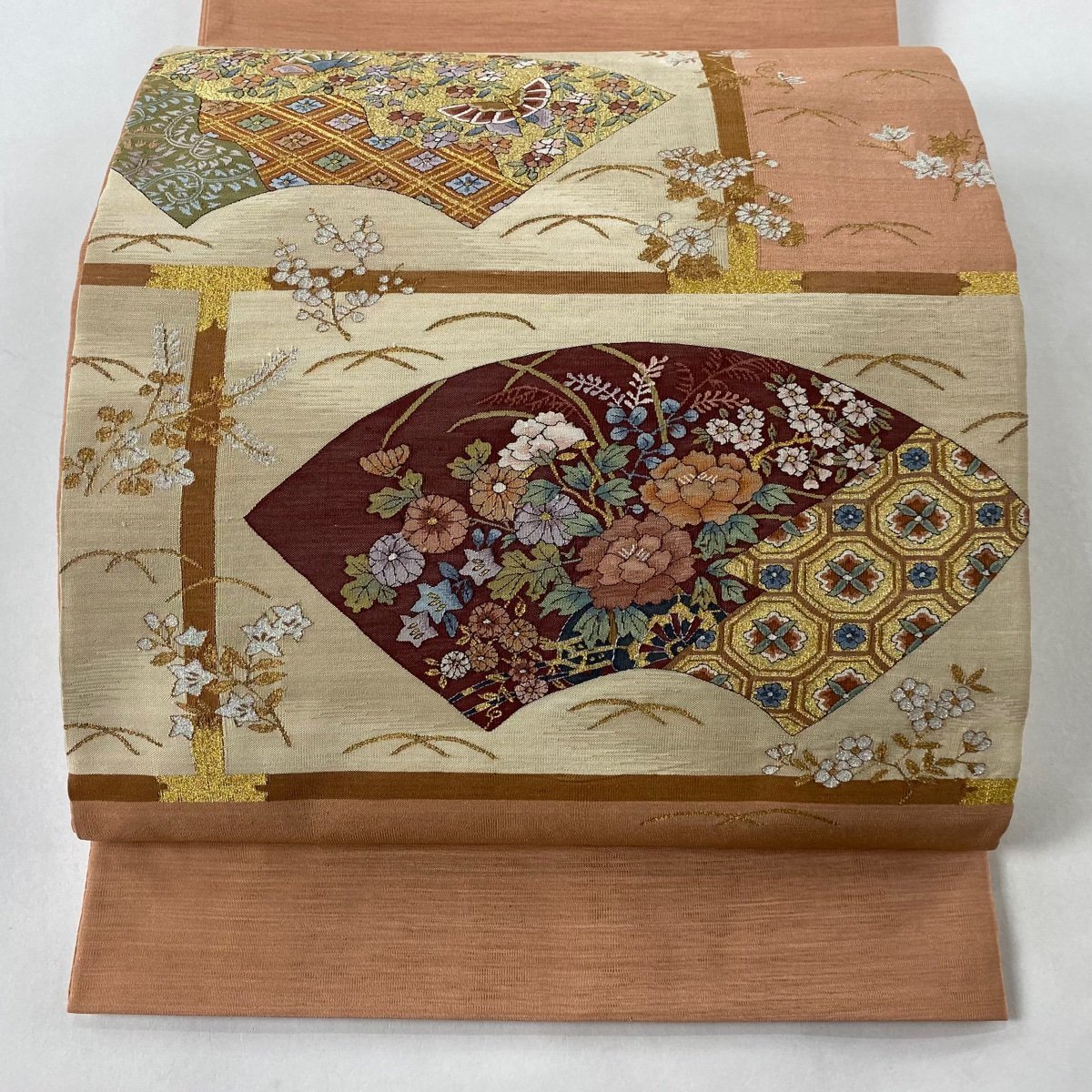 全ての 袋帯 【中古】 正絹 お太鼓柄 薄紅色 金銀糸 花蝶 扇面花車文