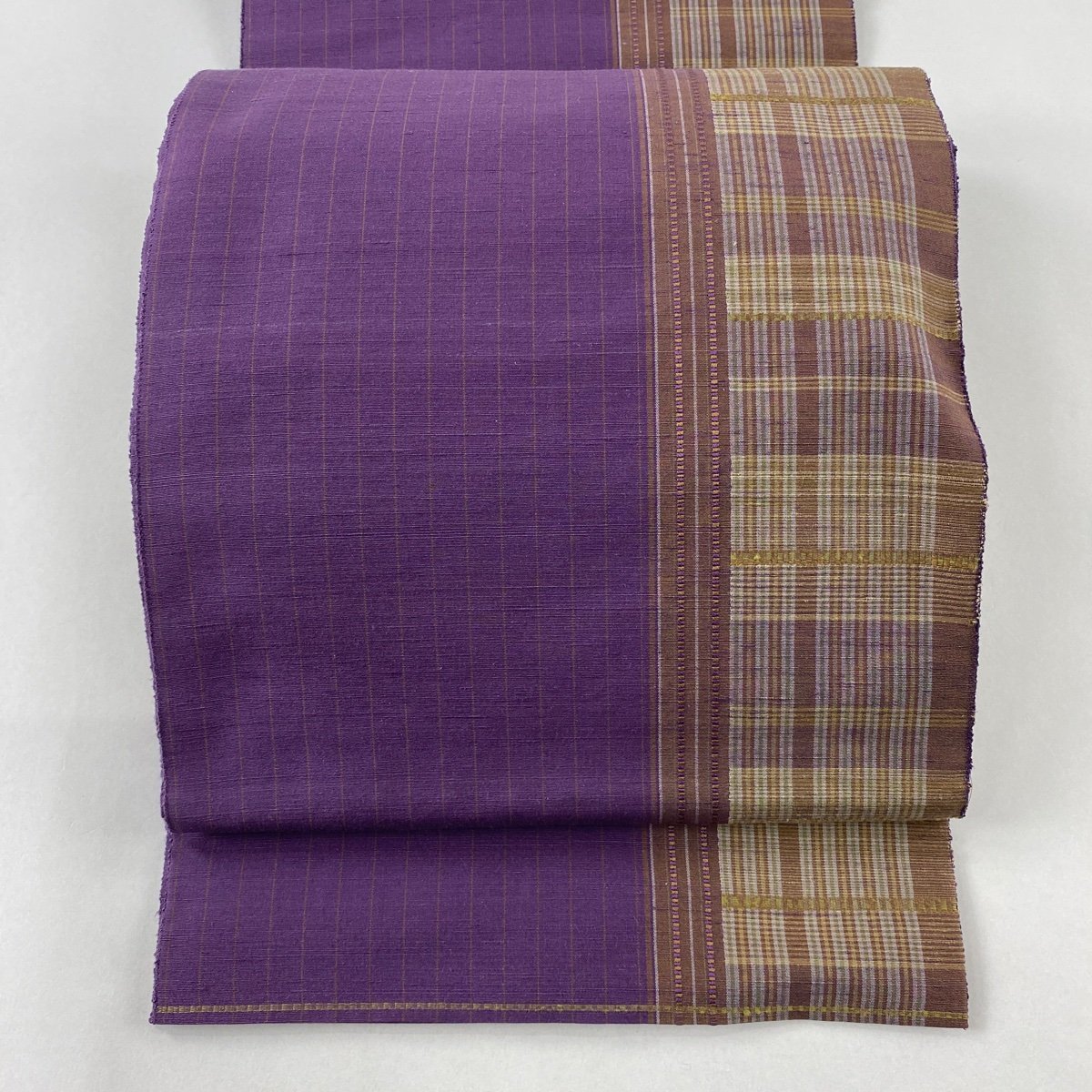 最適な価格 格子 秀品 美品 袋帯 縞 【中古】 正絹 全通 紫 仕立て