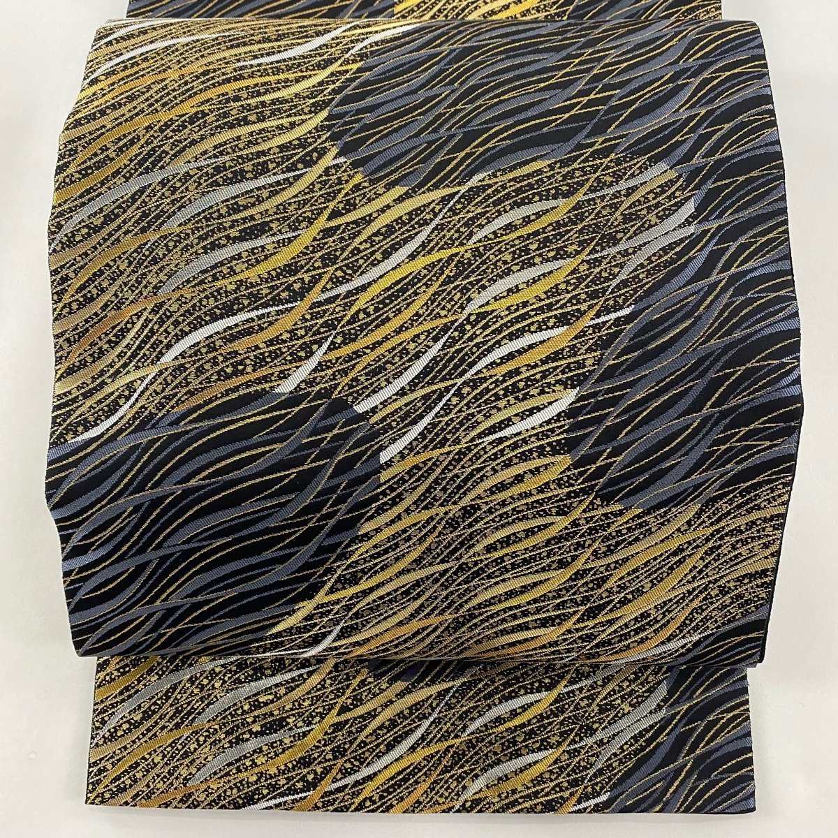直送商品 波 服部織物 落款 名品 美品 袋帯 霞 【中古】 正絹 六通 黒