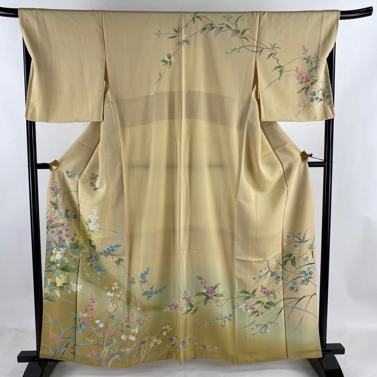 訪問着 身丈161cm 裄丈68.5cm L 袷 草花 金彩 ベージュ 正絹 名品-