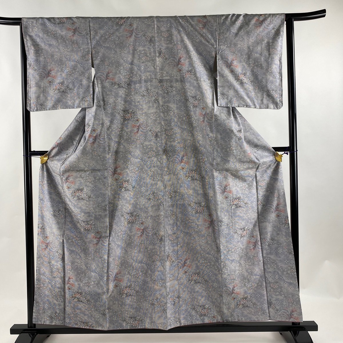 最初の 紬 【中古】 名品 正絹 薄紫 草花 鳥 袷 S 裄丈63cm 身丈159cm